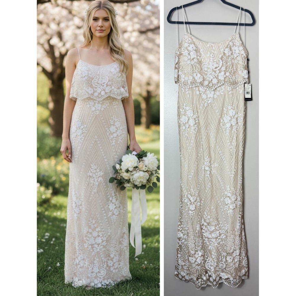Adrianna Papell Wedding Dress 6 White Sequin Floral Gown Bridal Bride Rehearsal